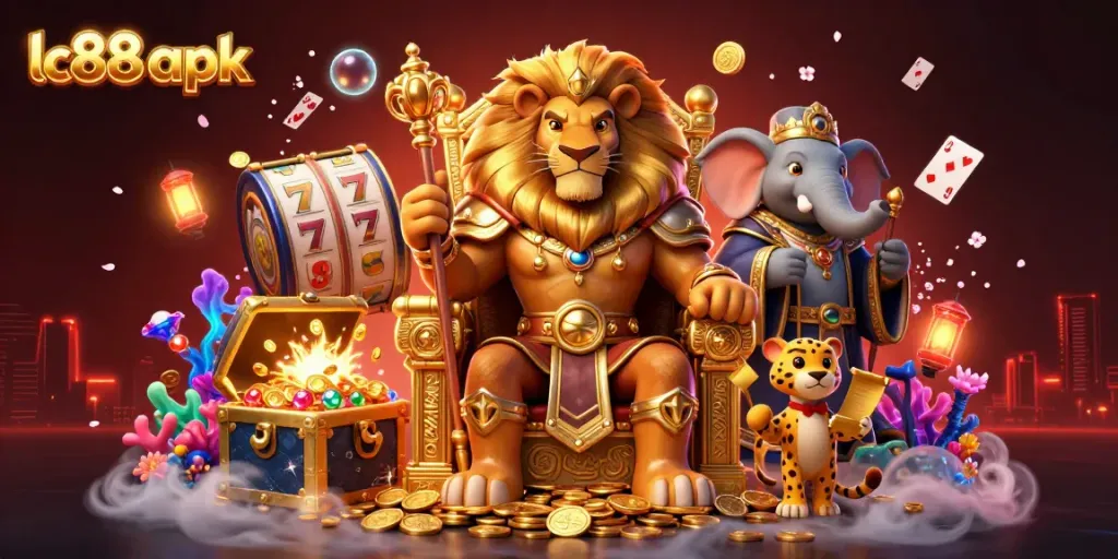 Experience the excitement of lc88 apk gaming with our thrilling illustration showcasing the royal lion king and dynamic slot elements.