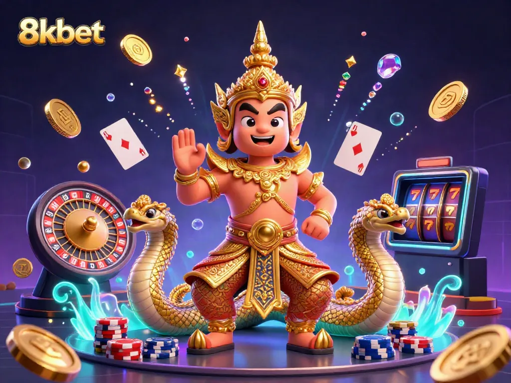 Experience the thrill of gaming with 8kbet in a vibrant 3D illustration showcasing dynamic casino elements and characters.
