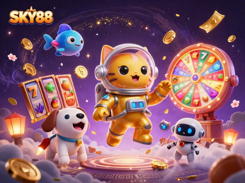 SKY88 immersive casino experience featuring 3D astronaut cat and slot elements in a galactic backdrop