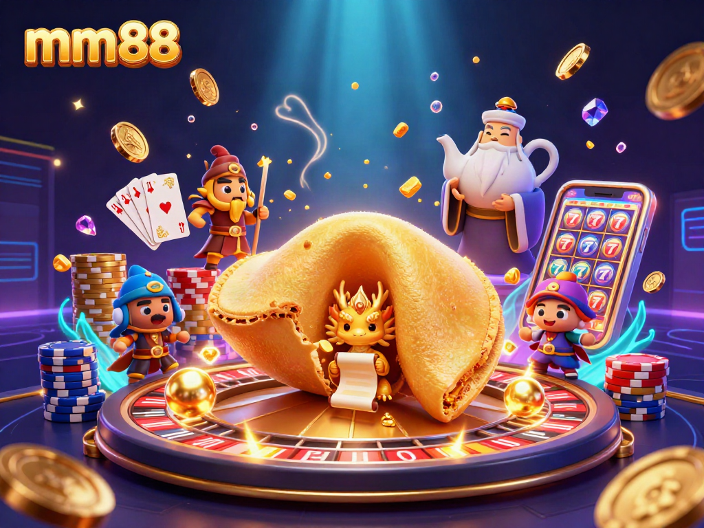 Witness the vibrant mm88 casino scene with golden fortune cookie, dragon, and dynamic game elements.