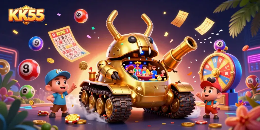 Play exciting games with KK55 in a colorful 3D casino scene filled with confetti and prizes.
