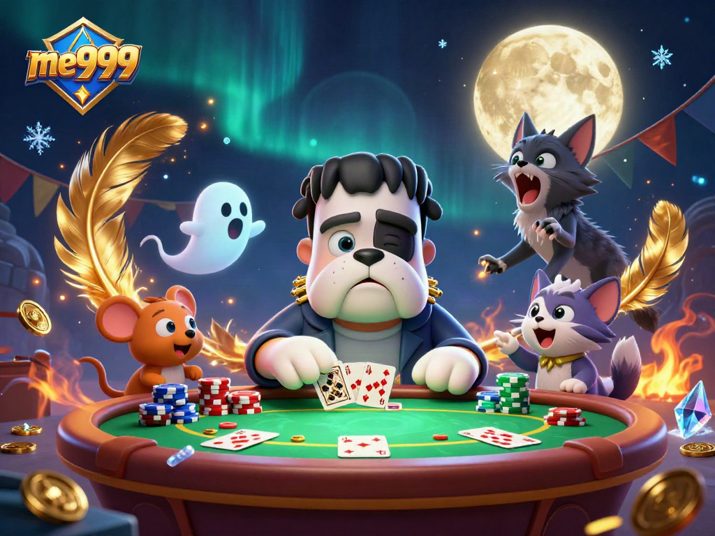 me999 showcases a thrilling casino scene with a Frankenstein bulldog monster dealing cards at an eerie table.