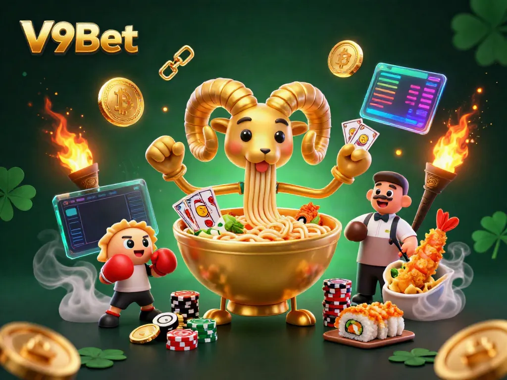 Experience thrilling gameplay with V9Bet in a vibrant casino world filled with creative characters and crypto elements.