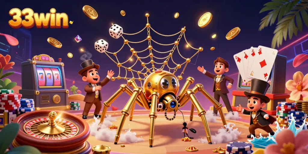 Experience thrilling moments with 33win's dynamic casino scene, featuring treasures and game elements.