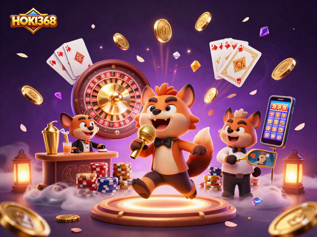 Experience HOKI368's thrilling casino adventure with hyenas in a comedy club, coins, and roulette.
