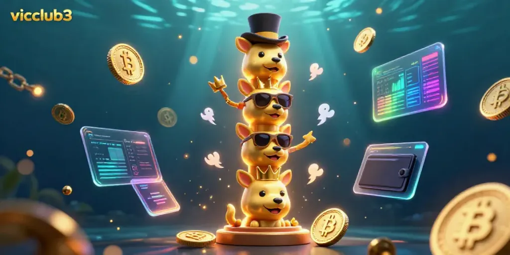 Engage with vicclub3's vibrant casino world featuring a golden totem pole amid dynamic crypto elements.