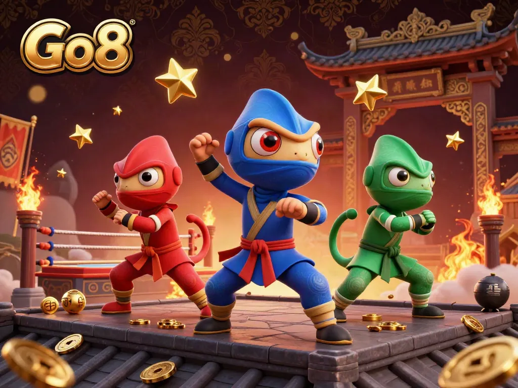 Engage with Go8 as ninja chameleons showcase thrilling casino martial arts in an electrifying battle arena.
