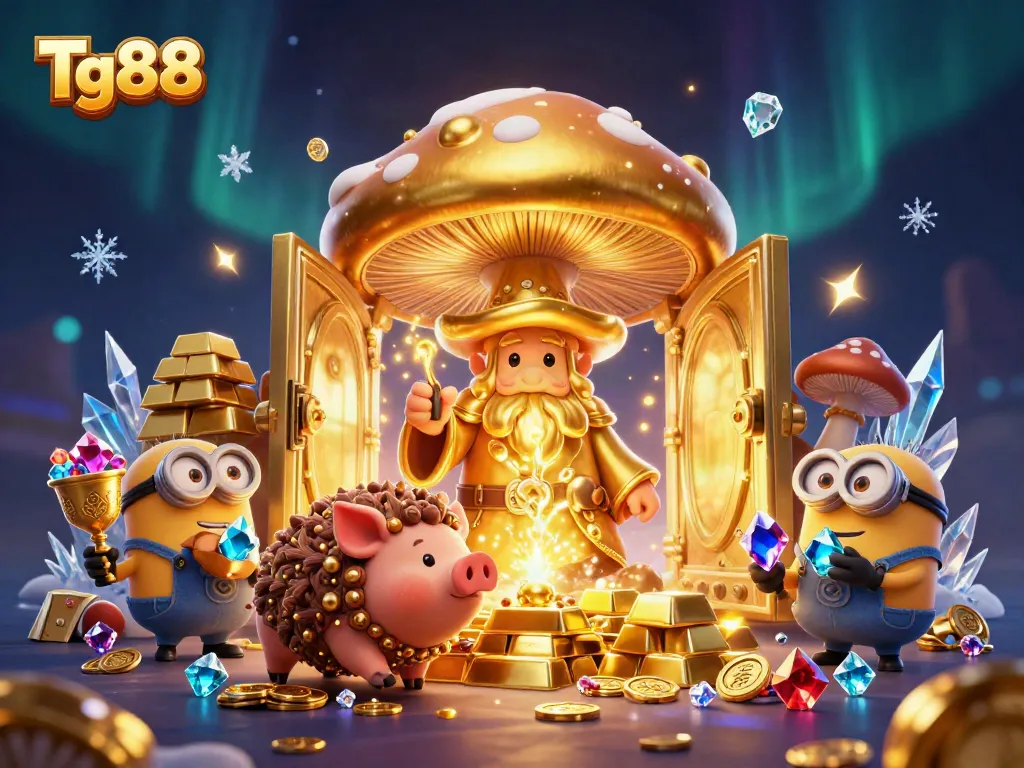 Engage with Tg88's vibrant casino world featuring a wizard and treasures in a magical setting.