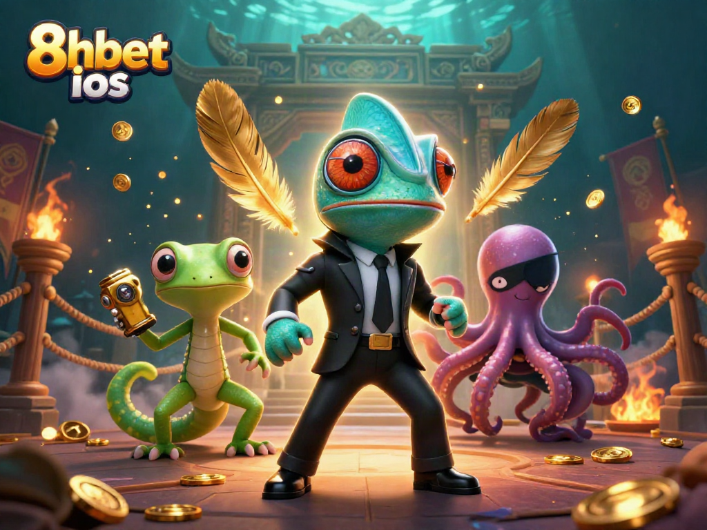 Join the 8xbet ios gaming adventure with a chameleon, gecko, and octopus in a thrilling casino scene.