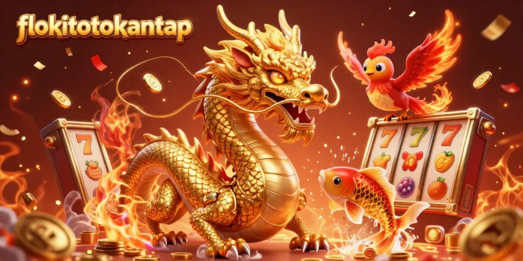 Experience thrilling slots action with flokitotokantap as a golden dragon, phoenix, and koi fish celebrate wins.