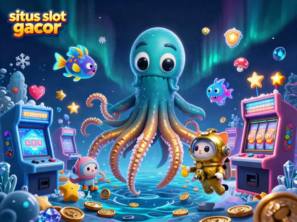 Situs slot gacor showcases an exciting casino scene with a kraken and diving cat amidst vibrant gaming elements.