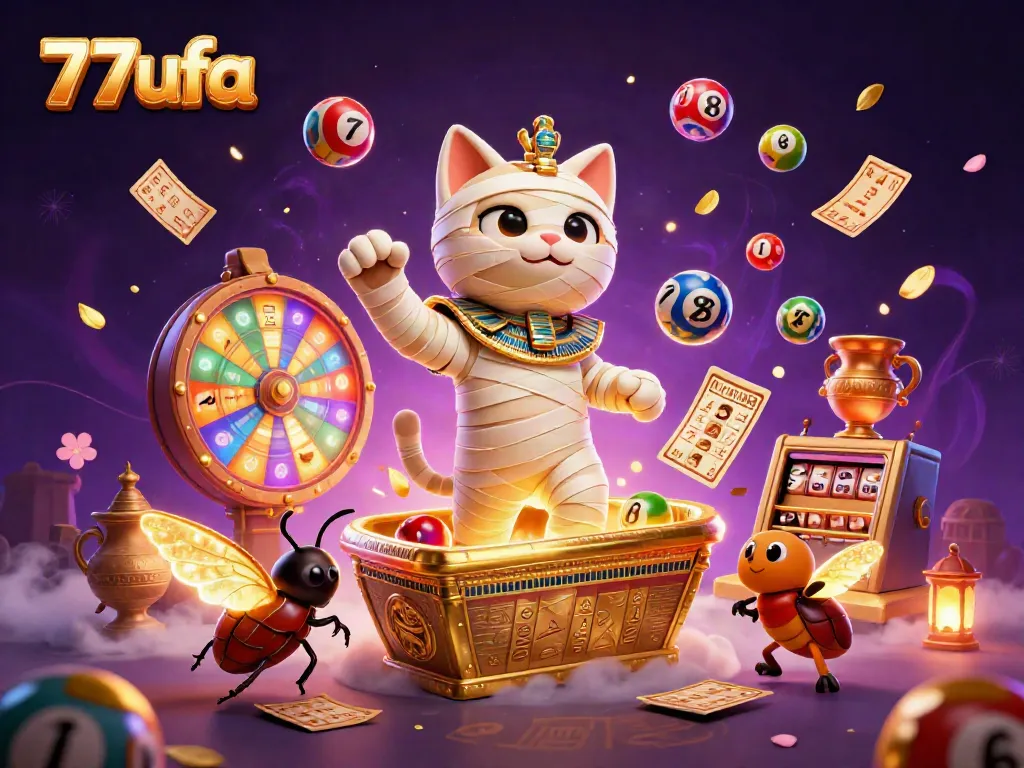 Experience the excitement of 77ufa with a vibrant Egyptian-themed casino scene featuring glowing characters and dynamic gaming elements.