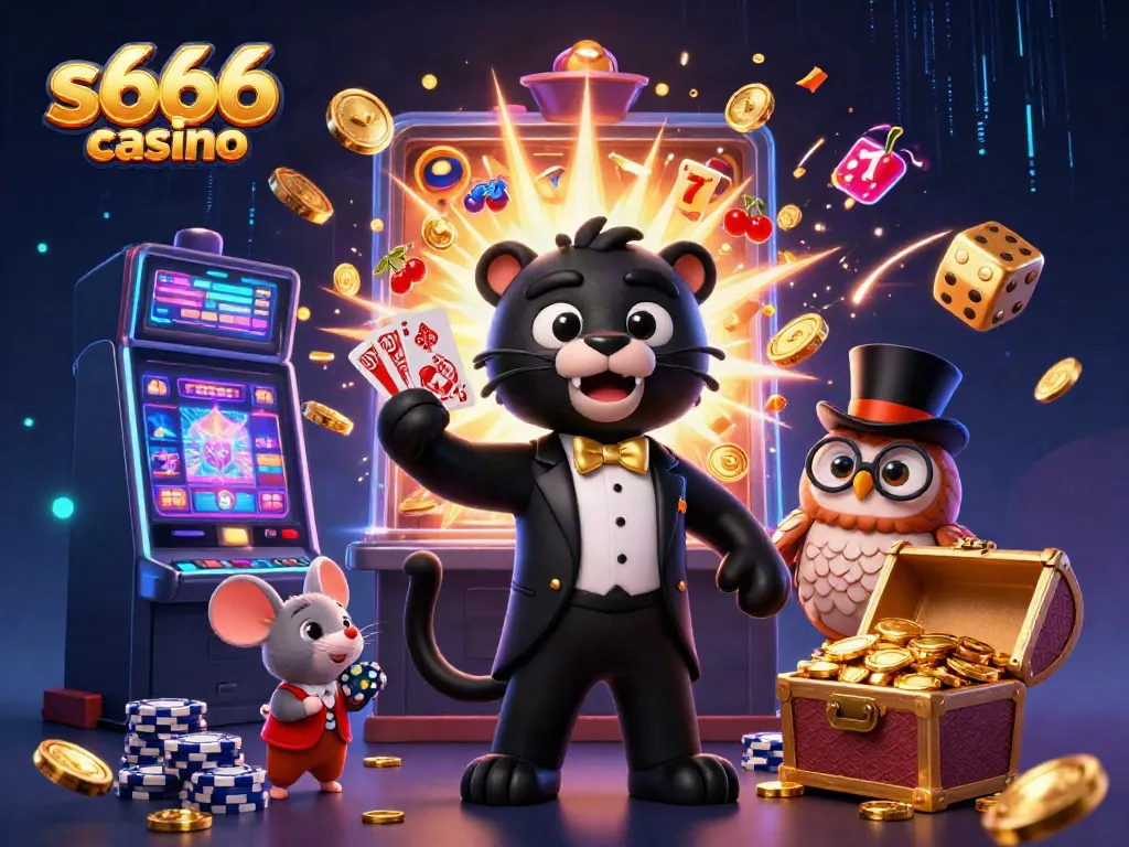 Experience the excitement of s666 casino with a stylish panther dealer, vibrant symbols, and dynamic gaming elements.