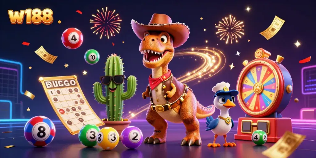 Experience excitement with w188's vibrant casino scene, featuring an adventurous cowboy dinosaur and colorful game elements.