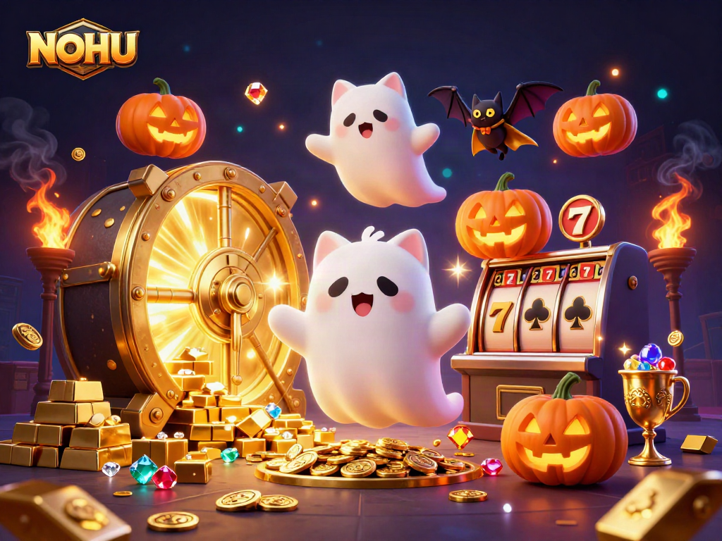Engage with NOHU's thrilling casino experience featuring ghost cat, bat, and glowing jack-o-lanterns.