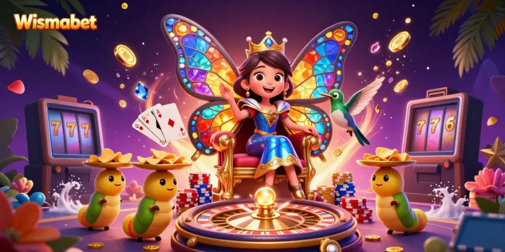 Mengikuti keseruan Wismabet saat bermain, dengan ratu kupu-kupu 3D memimpin, dikelilingi koin emas dan permainan kasino.