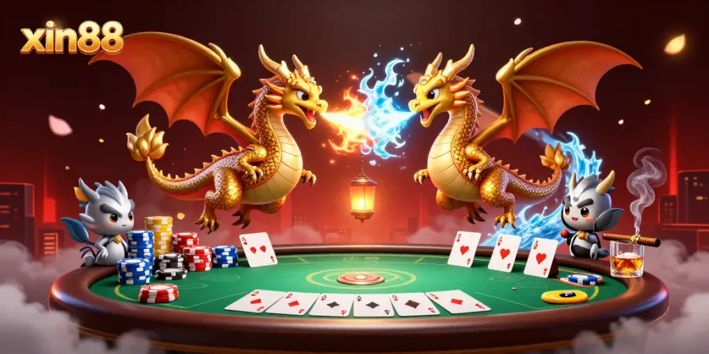 Play poker with xin88's thrilling gaming experience as gold and silver dragons embody luck and competition.