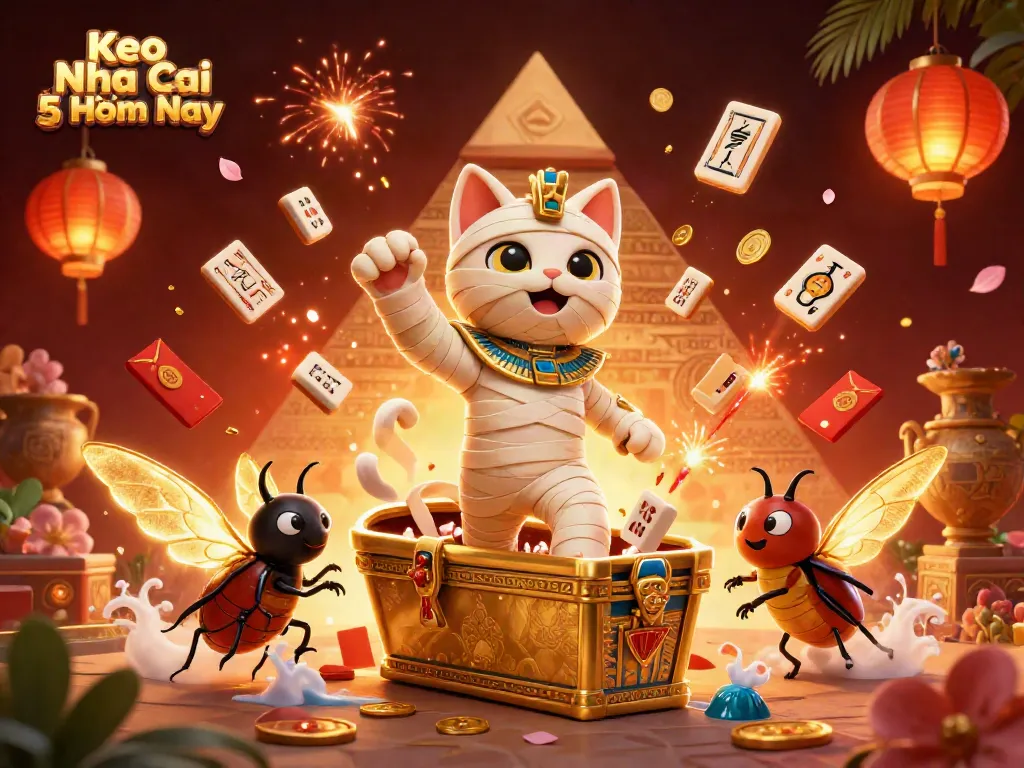 Engage with Keo Nha Cai 5 Hôm Nay through vibrant 3D casino adventure featuring a mummy cat and scarab with glowing elements.