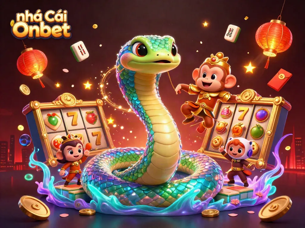 Experience the excitement at Nhà Cái Onbet with a vibrant illustration of a rainbow serpent and a monkey king amidst thrilling jackpot elements.