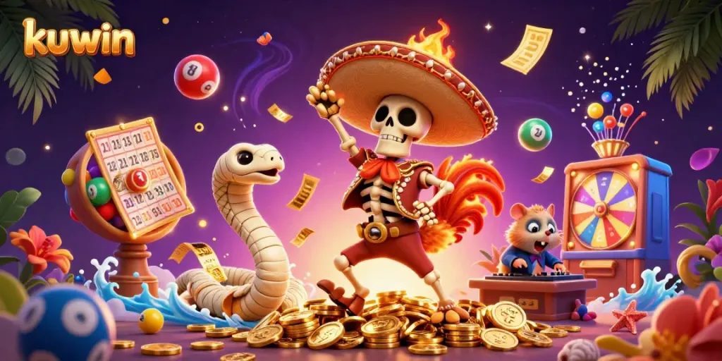 Kuwin's vibrant victory celebration in a lively 3D casino scene featuring colorful lottery elements.