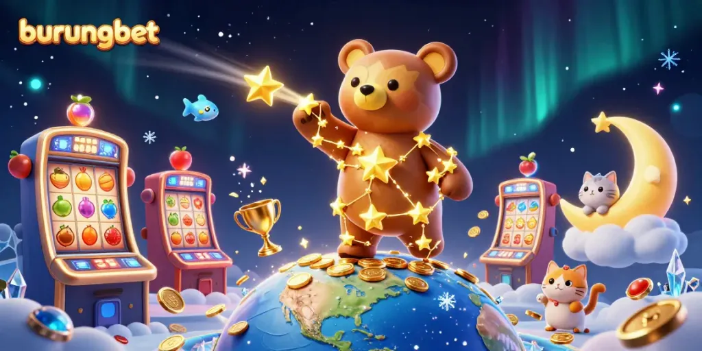 Permainan casino online burungbet dengan ilustrasi beruang bintang menangkap koin dari bumi, bersama simbol slot berkilau.