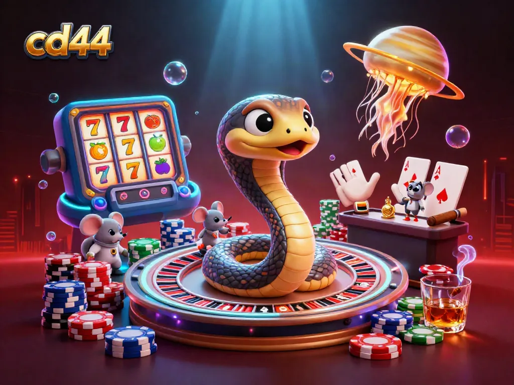 Engage with cd44 in a vibrant 3D casino scene featuring a roulette snake and cosmic dealer.