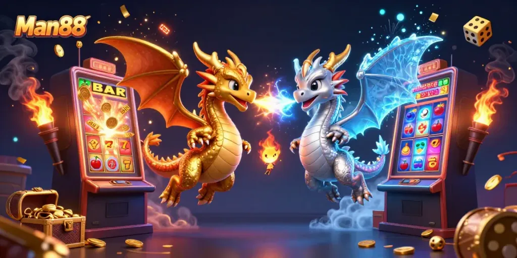 Experience thrilling wins with Man88 as cartoon dragons battle amidst a vibrant casino scene.
