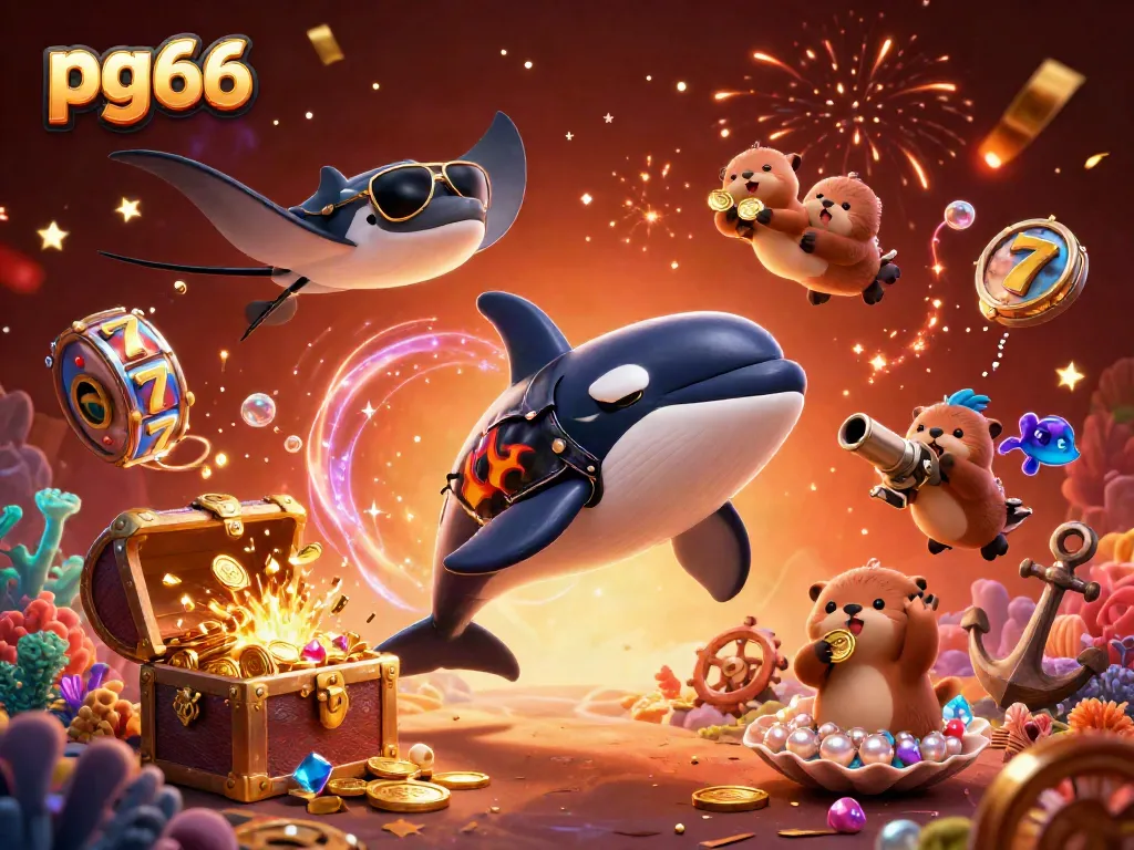 Play exciting games with pg66 featuring a dynamic scene of underwater treasures and joyful characters.