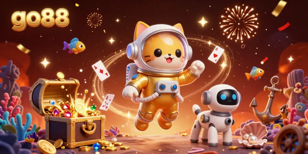 Experience gaming excitement with go88 in a vibrant 3D casino scene packed with treasures and thrilling elements.
