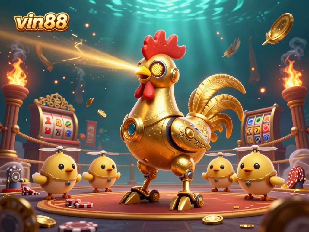 Experience high-energy gameplay with vin88 featuring a golden robot and baby chick drones amidst dynamic gambling elements.