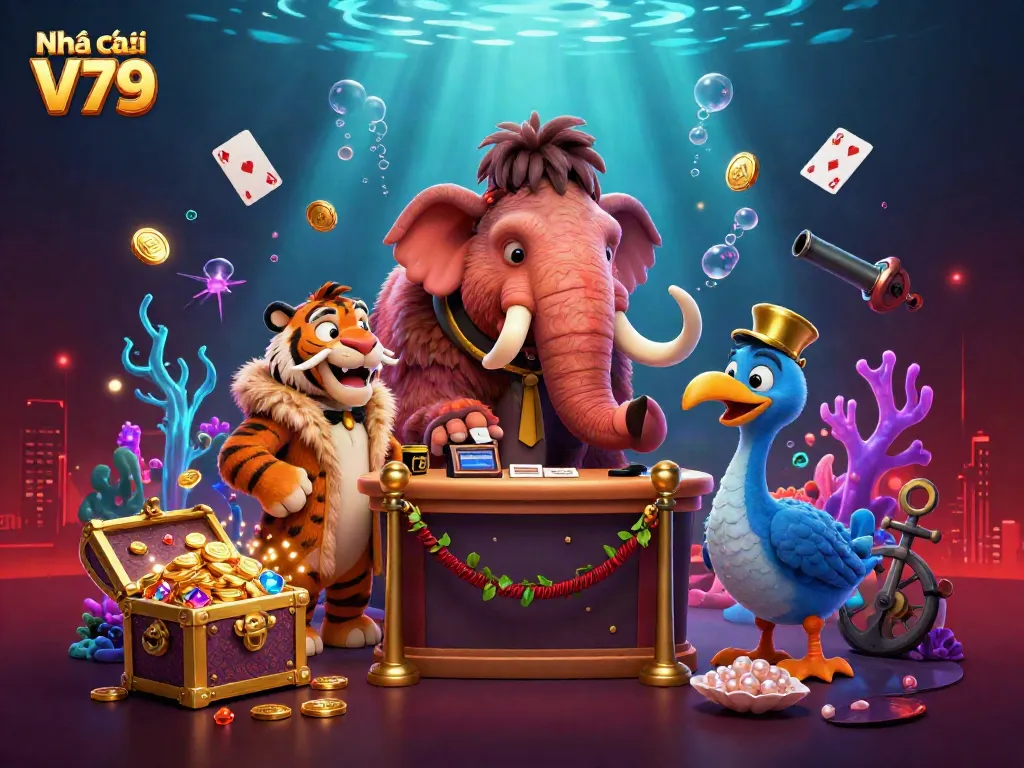 Engage in thrilling gaming at Nhà cái V79, featuring dynamic 3D characters and vibrant casino elements.