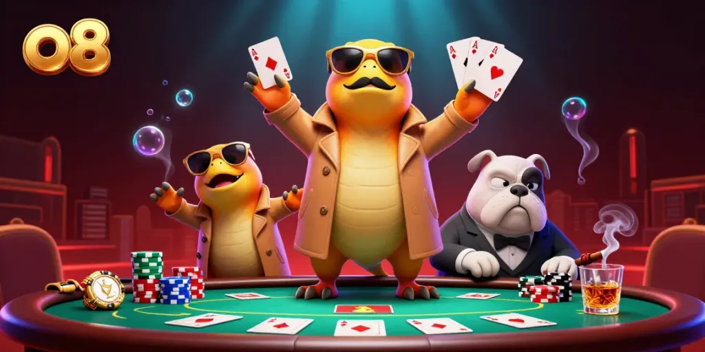 Raptors in a trench coat entering VIP casino lounge with poker elements in vibrant setting, featuring the o8 brand.