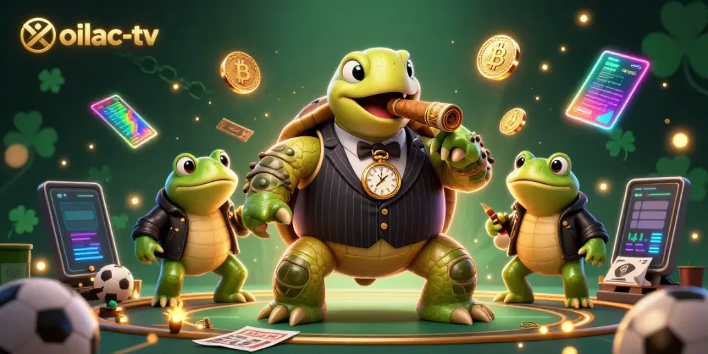 Xoilac-TV hosts an exciting sports betting scene with a cartoon turtle and bullfrog enforcers amidst vibrant animations.