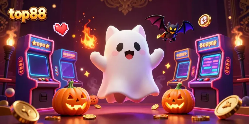 Engage in exciting gameplay with top88 at a vibrant casino featuring a friendly ghost cat.