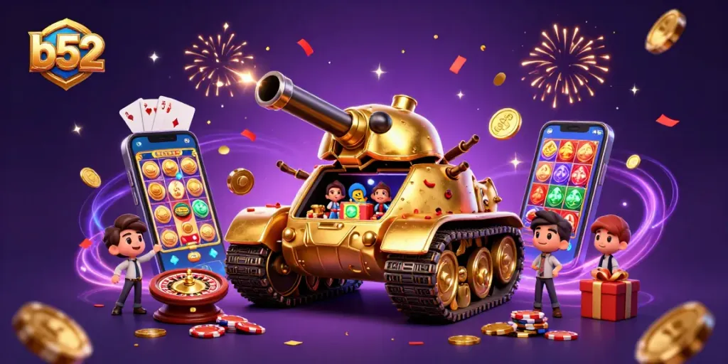 Join the fun in b52 with this vibrant 3D casino illustration showcasing exciting games and celebrations.