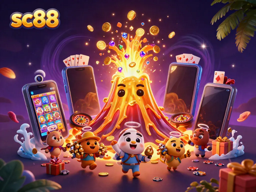 Experience thrilling gameplay with sc88 as a golden volcano erupts coins while animals escape with treasure