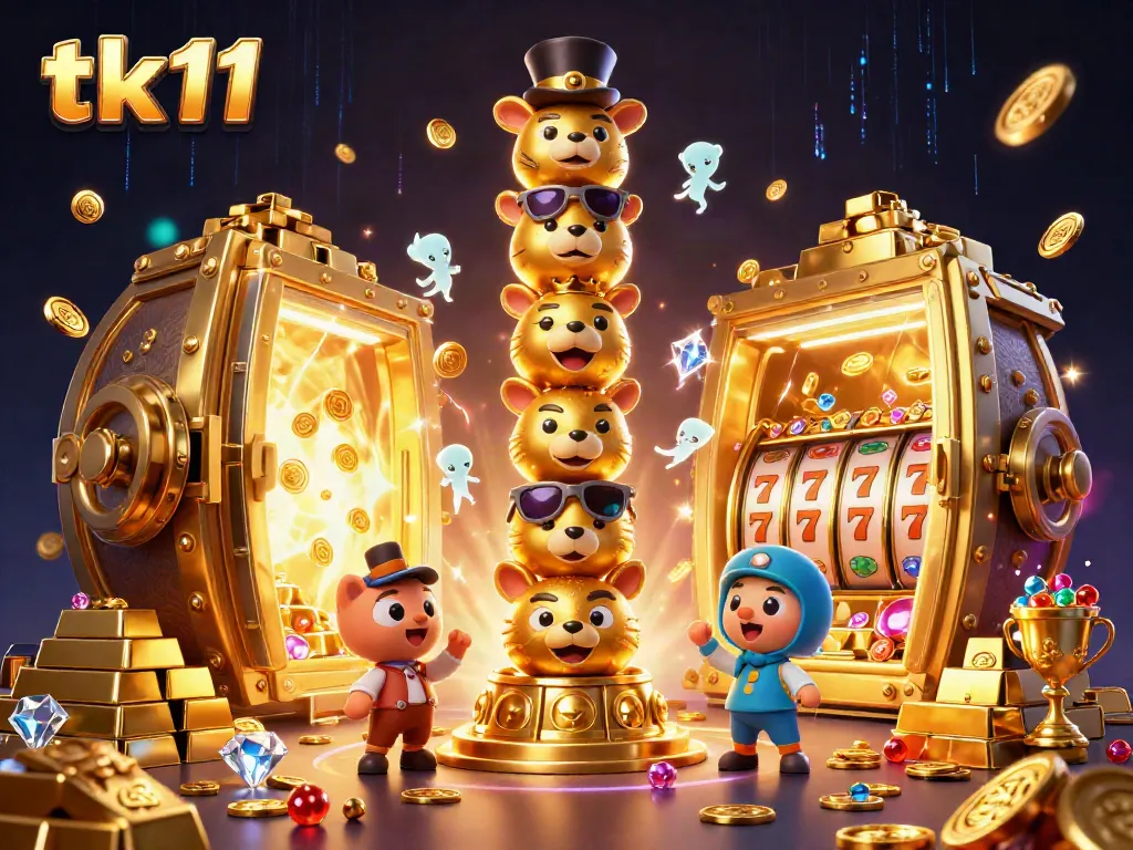 Engage with the tk11 totem pole amidst a dazzling casino scene filled with gems and gold.