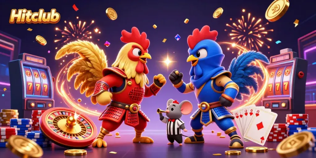 Experience Hitclub in a thrilling standoff between samurai and ninja roosters, surrounded by casino elements.
