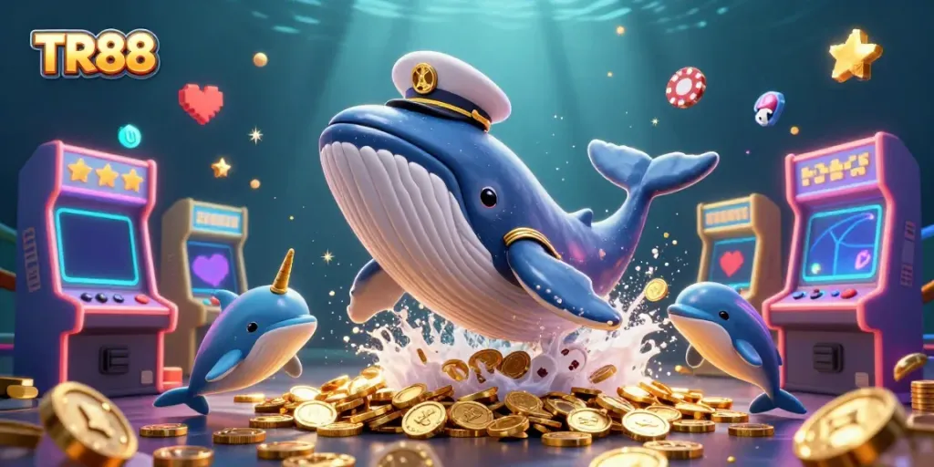 Engage with TR88 through a vibrant casino-themed digital ocean scene featuring a whale and playful dolphins.