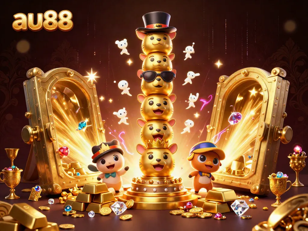 Experience the thrill at au88 with a vibrant 3D casino scene featuring colorful characters and dazzling treasures.
