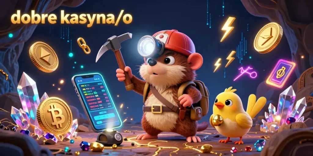 Engage in good kasyna/o adventures with a cartoon treasure hunter mole amid golden gems and crypto elements.
