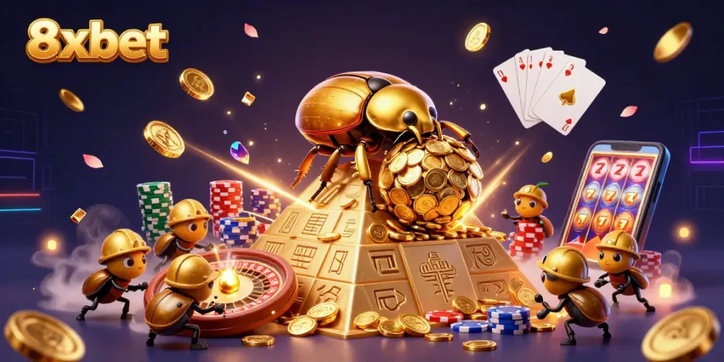 Engage in thrilling games at 8xbet, as golden dung beetles triumphantly roll in a dazzling casino environment.