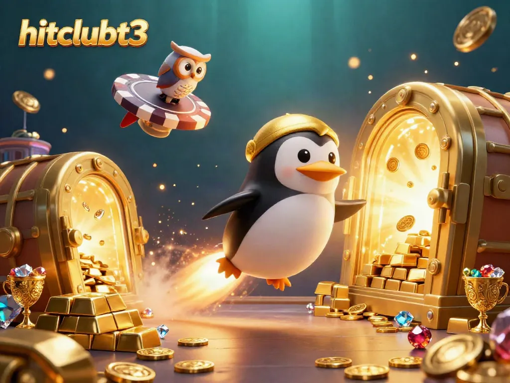Experience the excitement of hitclubt3 with a golden penguin soaring toward a poker chip space station.