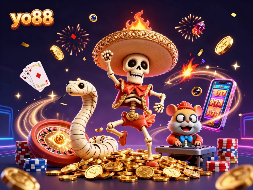 Spin to win with yo88's vibrant casino scene featuring a skeleton rooster and dazzling game elements.
