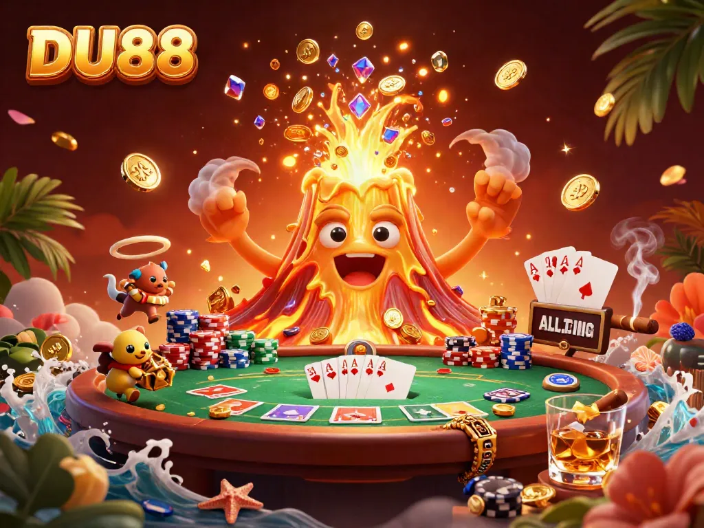 Win big with DU88 in a vibrant 3D illustration showcasing gold, poker chips, and triumphant characters.