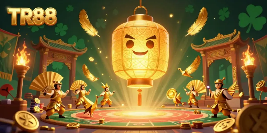 Engage with the vibrant excitement of TR88 at the casino, featuring mystical lanterns and golden warriors.
