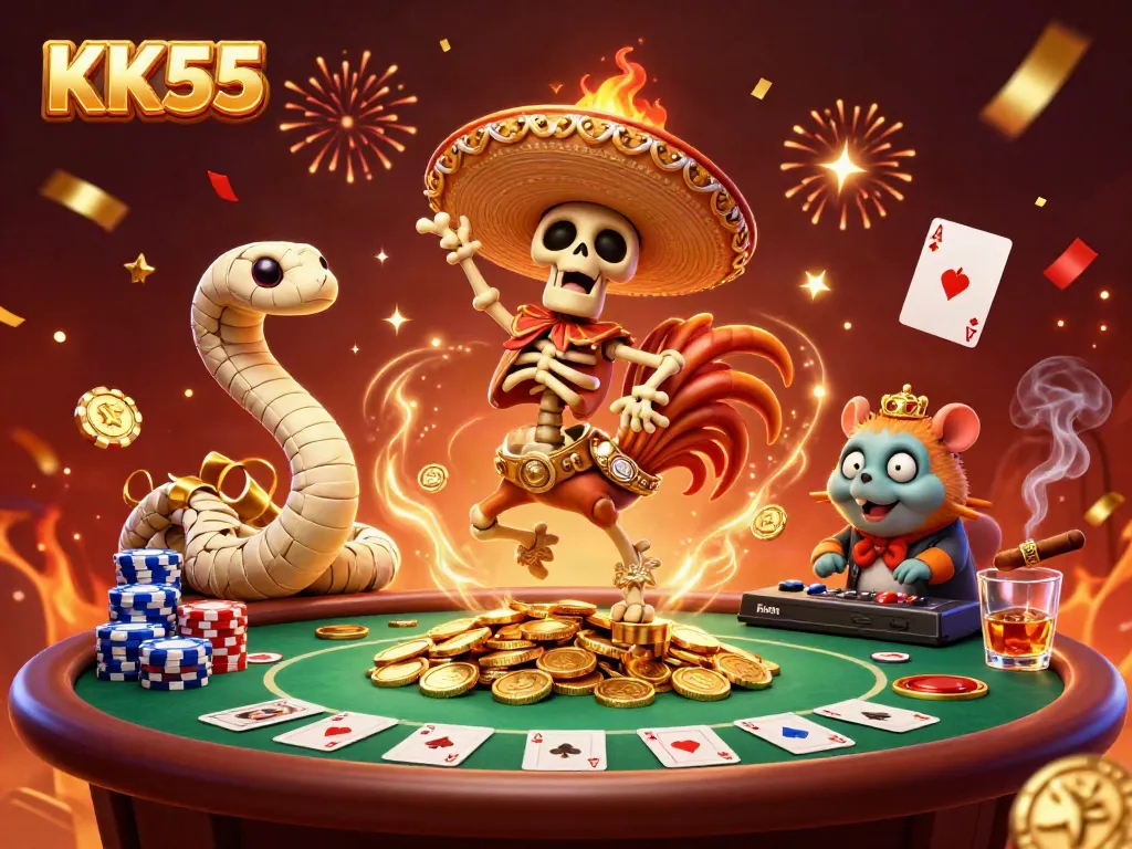 KK55 illustration featuring a skeleton mariachi, mummy snake, and zombie DJ celebrating among poker elements.