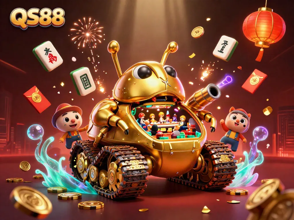 Experience excitement with QS88's captivating 3D casino scene packed with golden elements and joyous patrons.