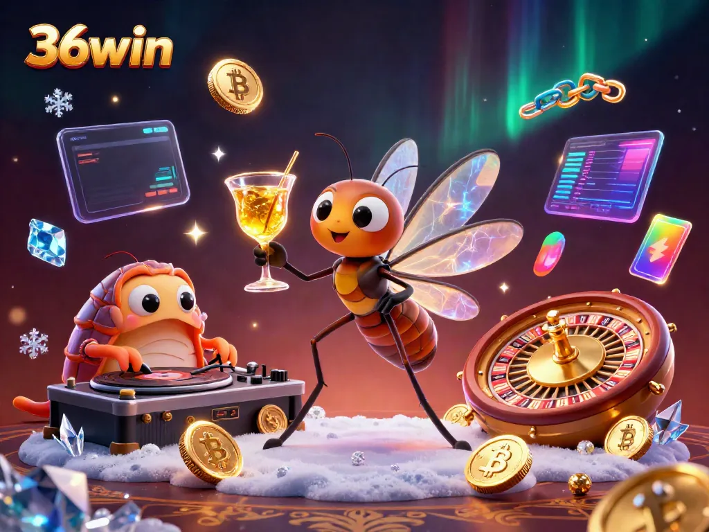 Engage with 36win by reveling in a vibrant 3D casino scene featuring unique characters and crypto elements.