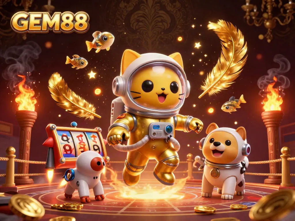 This captivating illustration showcases GEM88’s thrilling casino atmosphere, featuring a space astronaut cat and a rocket-powered dog amidst dynamic gaming elements.